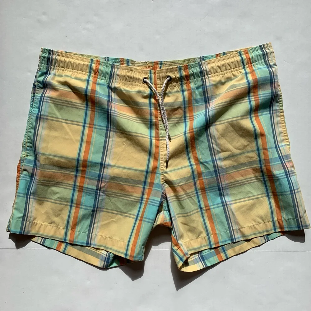 Faherty Men's Swim Trunks Yellow/Blue Plaid Size XL Mesh Lining Beach Vacation - Picture 1 of 7